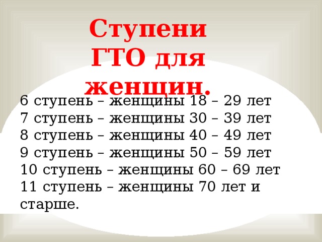 Ступени ГТО для женщин. 6 ступень – женщины 18 – 29 лет 7 ступень – женщины 30 – 39 лет 8 ступень – женщины 40 – 49 лет 9 ступень – женщины 50 – 59 лет 10 ступень – женщины 60 – 69 лет 11 ступень – женщины 70 лет и старше.