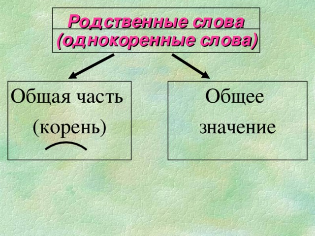 Родственные слова (однокоренные слова) Общая часть (корень) Общее значение