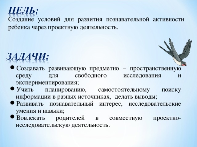 Создание условий для развития познавательной активности ребенка через проектную деятельность. Создавать развивающую предметно – пространственную среду для свободного исследования и экспериментирования; Учить планированию, самостоятельному поиску информации в разных источниках, делать выводы; Развивать познавательный интерес, исследовательские умения и навыки; Вовлекать родителей в совместную проектно-исследовательскую деятельность.