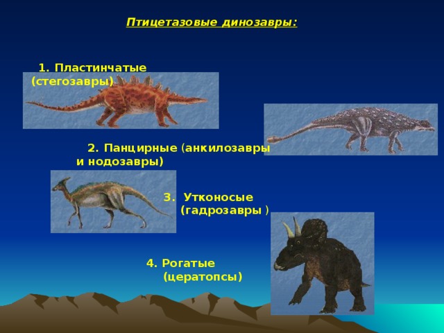 Птицетазовые динозавры:    1. Пластинчатые (стегозавры)  2. Панцирные  ( анкилозавры и нодозавры) 3. Утконосые (гадрозавры ) 4. Рогатые (цератопсы)