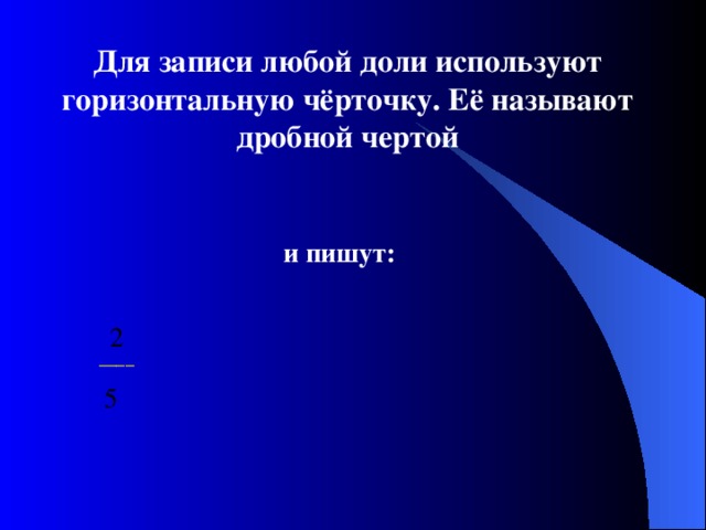 Для записи любой доли используют горизонтальную чёрточку. Её называют дробной чертой  и пишут:  2 ____ 5