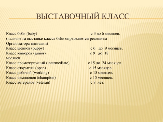 Выставочный класс Класс бэби (baby) с 3 до 6 месяцев. (наличие на выставке класса бэби определяется решением Организатора выставки) Класс щенков (puppy) с 6 до 9 месяцев. Класс юниоров (junior) с 9 до 18 месяцев. Класс промежуточный (intermediate) с 15 до 24 месяцев. Класс открытый (open) c 15 месяцев. Класс рабочий (working) с 15 месяцев. Класс чемпионов (champion) с 15 месяцев. Класс ветеранов (veteran) с 8 лет.