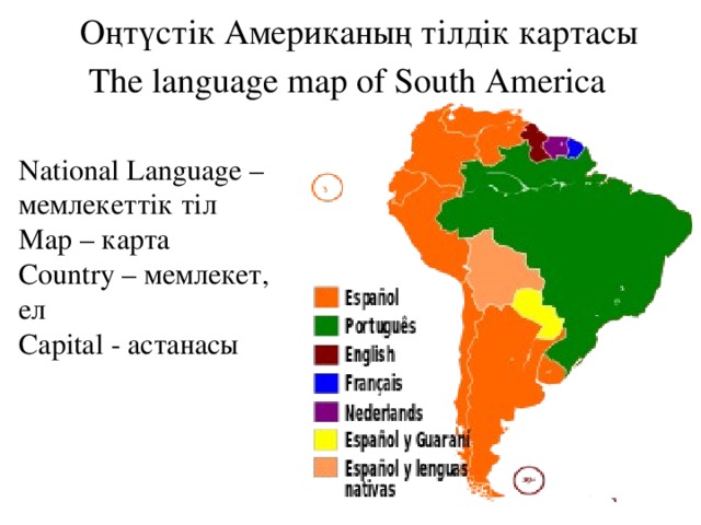Оңтүстік Американың тілдік картасы The language map of South America National Language – мемлекеттік тіл Map – карта Country – мемлекет, ел Capital - астанасы