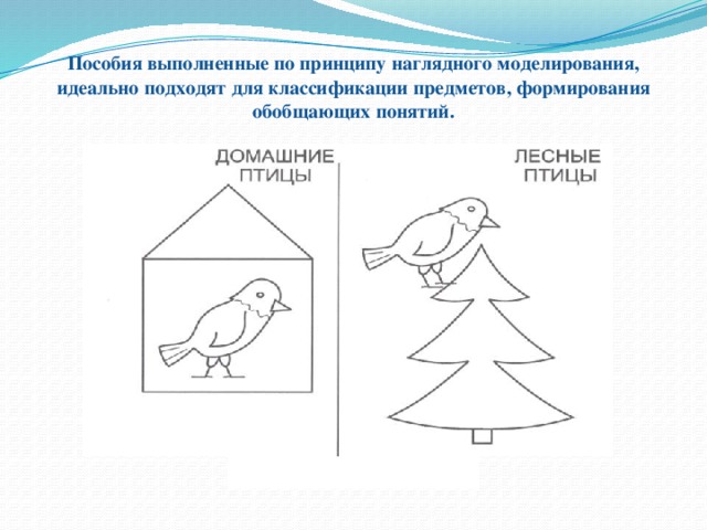 Пособия выполненные по принципу наглядного моделирования, идеально подходят для классификации предметов, формирования обобщающих понятий.