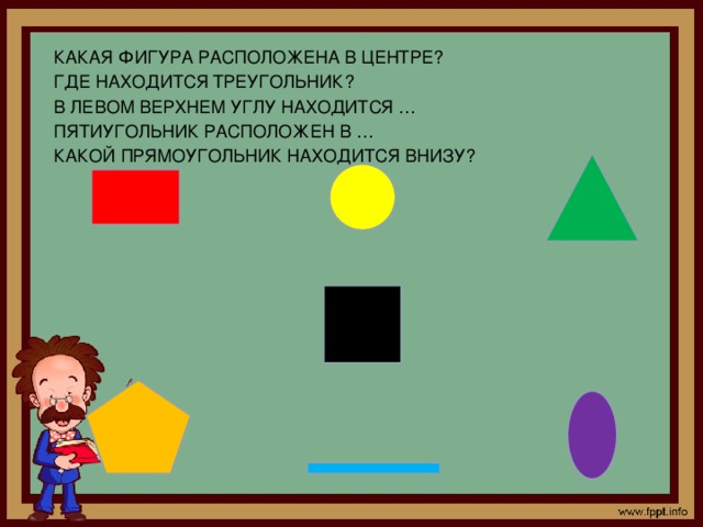 КАКАЯ ФИГУРА РАСПОЛОЖЕНА В ЦЕНТРЕ? ГДЕ НАХОДИТСЯ ТРЕУГОЛЬНИК? В ЛЕВОМ ВЕРХНЕМ УГЛУ НАХОДИТСЯ … ПЯТИУГОЛЬНИК РАСПОЛОЖЕН В … КАКОЙ ПРЯМОУГОЛЬНИК НАХОДИТСЯ ВНИЗУ?