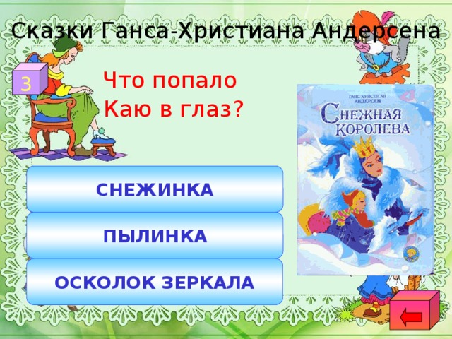 Сказки Ганса-Христиана Андерсена 3 Что попало Каю в глаз? СНЕЖИНКА ПЫЛИНКА ОСКОЛОК ЗЕРКАЛА