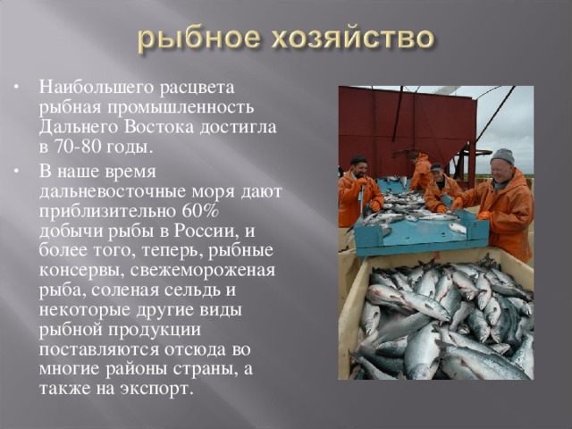 Наибольшего расцвета рыбная промышленность Дальнего Востока достигла в 70-80 годы. В наше время дальневосточные моря дают приблизительно 60% добычи рыбы в России, и более того, теперь, рыбные консервы, свежемороженая рыба, соленая сельдь и некоторые другие виды рыбной продукции поставляются отсюда во многие районы страны, а также на экспорт.