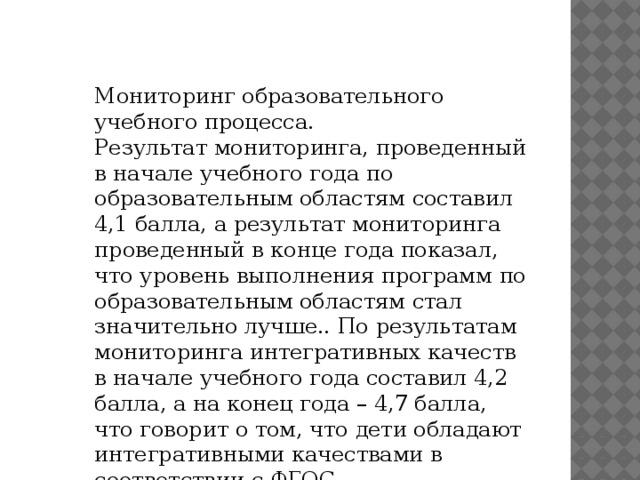 Мониторинг образовательного учебного процесса. Результат мониторинга, проведенный в начале учебного года по образовательным областям составил 4,1 балла, а результат мониторинга проведенный в конце года показал, что уровень выполнения программ по образовательным областям стал значительно лучше.. По результатам мониторинга интегративных качеств в начале учебного года составил 4,2 балла, а на конец года – 4,7 балла, что говорит о том, что дети обладают интегративными качествами в соответствии с ФГОС.