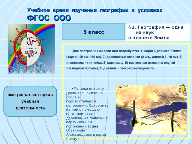 Учебное время изучения географии в условиях ФГОС ООО 5 класс § 1. География — одна из наук о планете Земля Для построения модели нам потребуются 1) карта Древнего Египта (картон 20 см  60 см), 2) деревянные палочки (2 шт., длиной 8–10 см), 3) пластилин, 4) линейка, 5) карандаш, 6) настольная лампа (на случай пасмурной погоды), 7) дневник «Географа-следопыта» Положите карту Древнего Египта на столе в горизонтальном положении. Закрепите на ней с помощью пластилина две деревянные палочки в вертикальном положении (одна обозначает Александрию, вторая – Сиену). эмоционально яркая учебная деятельность