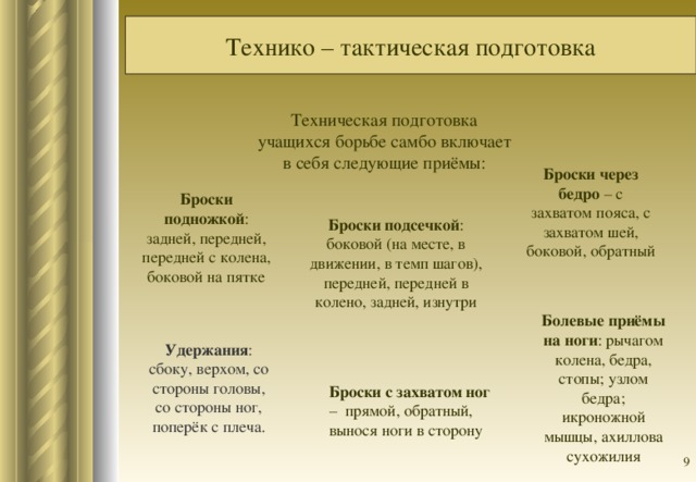 Технико – тактическая подготовка Техническая подготовка учащихся борьбе самбо включает в себя следующие приёмы: Броски через бедро – с захватом пояса, с захватом шей, боковой, обратный Броски подножкой : задней, передней, передней с колена, боковой на пятке Броски подсечкой : боковой (на месте, в движении, в темп шагов), передней, передней в колено, задней, изнутри Болевые приёмы на ноги : рычагом колена, бедра, стопы; узлом бедра; икроножной мышцы, ахиллова сухожилия Удержания : сбоку, верхом, со стороны головы, со стороны ног, поперёк с плеча. Броски с захватом ног –  прямой, обратный, вынося ноги в сторону