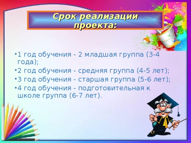 Срок реализации проекта: 1 год обучения - 2 младшая группа (3-4 года); 2 год обучения - средняя группа (4-5 лет); 3 год обучения - старшая группа (5-6 лет); 4 год обучения - подготовительная к школе группа (6-7 лет).