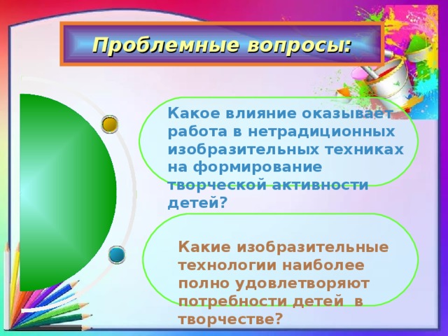 Проблемные вопросы:  Какое влияние оказывает работа в нетрадиционных изобразительных техниках на формирование творческой активности детей?  Какие изобразительные технологии наиболее полно удовлетворяют потребности детей в творчестве?