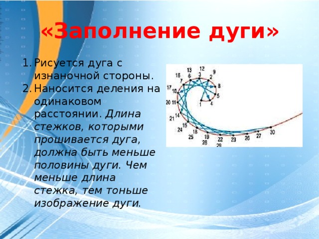 «Заполнение дуги» Рисуется дуга с изнаночной стороны. Наносится деления на одинаковом расстоянии. Длина стежков, которыми прошивается дуга, должна быть меньше половины дуги. Чем меньше длина стежка, тем тоньше изображение дуги.