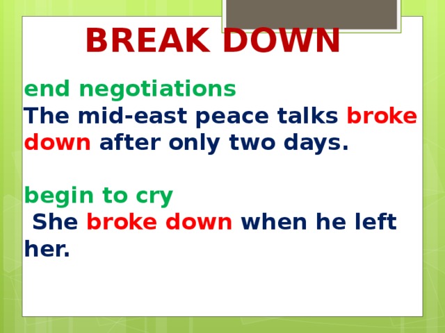 Break down end negotiations The mid-east peace talks broke down after only two days.   begin to cry  She broke down when he left her.