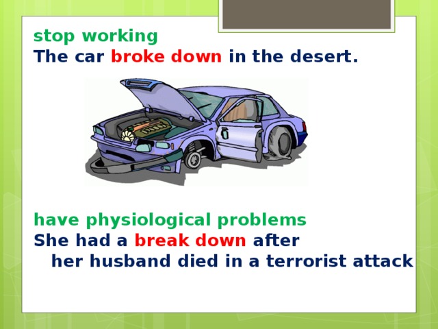 stop working The car broke down in the desert.         have physiological problems She had a break down after her husband died in a terrorist attack