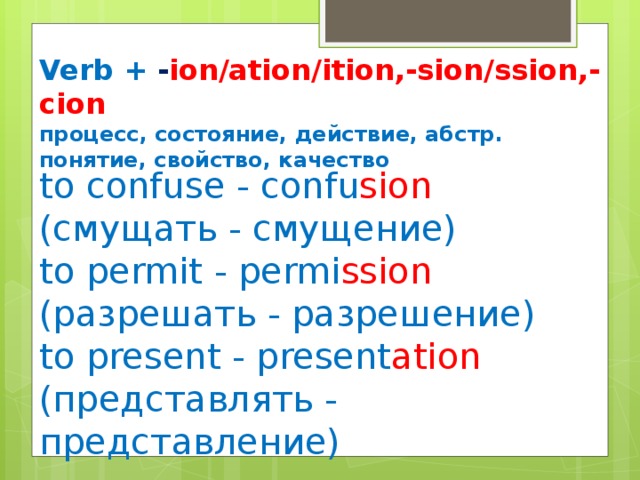 Verb + - ion/ation/ition,-sion/ssion,-cion процесс, состояние, действие, абстр. понятие, свойство, качество to confuse - confu sion  (смущать - смущение) to permit - permi ssion  (разрешать - разрешение) to present - present ation  (представлять - представление)