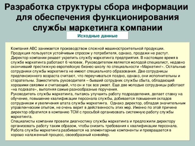 Проект «Разработка Программы существенного увеличения объема выработки (объема продаж)  на одного работника»  Исходная информация проекта Директор научно-производственного предприятия, успешно продающего свою продукцию на внешнем и внутреннем рынках, озабочен значительным отставанием ряда показателей, характеризующих деятельность предприятия, от аналогичных западных. Директор считает, что если не принять радикальных мер, то это отставание может стать катастрофичным. В частности, он желал бы существенно (в разы) увеличить объем производства и, соответственно, продаж в расчете на одного работника. Задача: разработать комплексную Программу увеличения объема  продаж продукции предприятия.