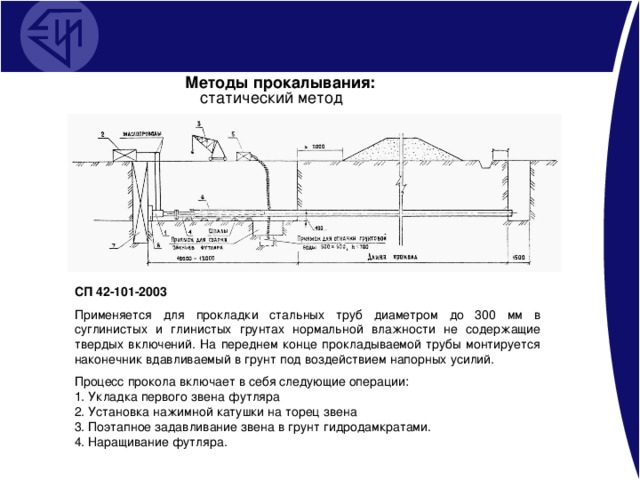 Методы прокалывания: статический метод СП 42-101-2003 Применяется для прокладки стальных труб диаметром до 300 мм в суглинистых и глинистых грунтах нормальной влажности не содержащие твердых включений. На переднем конце прокладываемой трубы монтируется наконечник вдавливаемый в грунт под воздействием напорных усилий. Процесс прокола включает в себя следующие операции: 1. Укладка первого звена футляра 2. Установка нажимной катушки на торец звена 3. Поэтапное задавливание звена в грунт гидродамкратами. 4. Наращивание футляра.