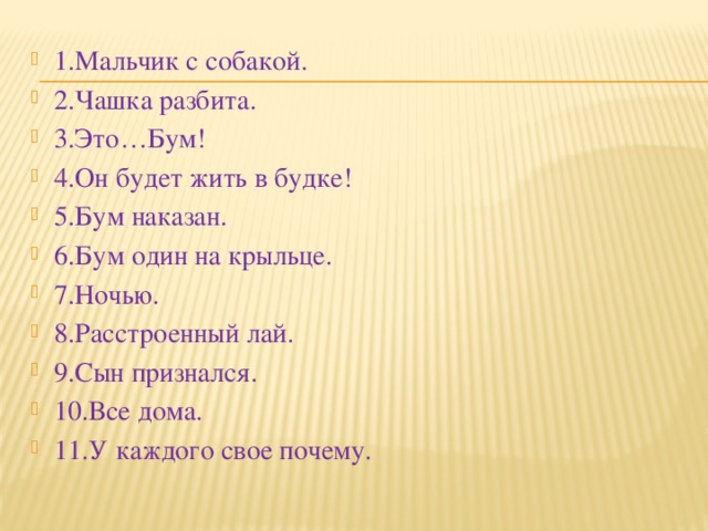 1.Мальчик с собакой. 2.Чашка разбита. 3.Это…Бум! 4.Он будет жить в будке! 5.Бум наказан. 6.Бум один на крыльце. 7.Ночью. 8.Расстроенный лай. 9.Сын признался. 10.Все дома. 11.У каждого свое почему.