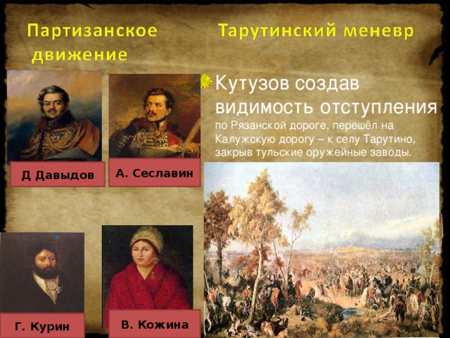 Кутузов создав видимость отступления по Рязанской дороге, перешёл на Калужскую дорогу – к селу Тарутино, закрыв тульские оружейные заводы.