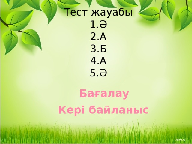 Тест жауабы  1.Ә  2.А  3.Б  4.А  5.Ә   Бағалау Кері байланыс