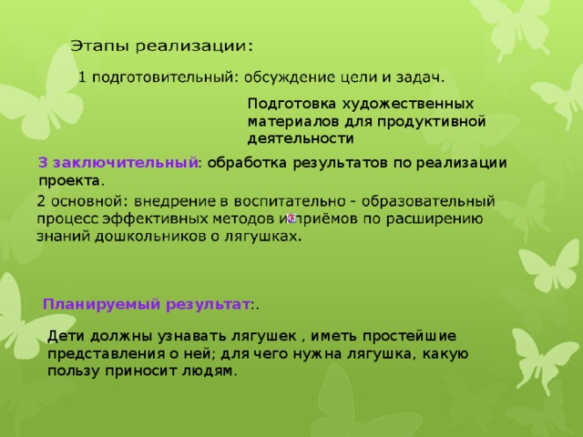 Подготовка художественных материалов для продуктивной деятельности 3 заключительный : обработка результатов по реализации проекта. Планируемый результат :. Дети должны узнавать лягушек , иметь простейшие представления о ней; для чего нужна лягушка, какую пользу приносит людям.