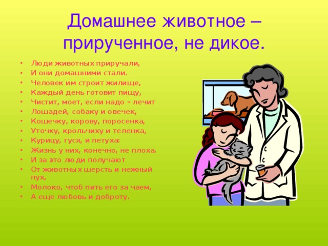 Домашнее животное – прирученное, не дикое. Люди животных приручали, И они домашними стали. Человек им строит жилище, Каждый день готовит пищу, Чистит, моет, если надо – лечит Лошадей, собаку и овечек, Кошечку, корову, поросенка, Уточку, крольчиху и теленка, Курицу, гуся, и петуха: Жизнь у них, конечно, не плоха. И за это люди получают От животных шерсть и нежный пух, Молоко, чтоб пить его за чаем, А еще любовь и доброту.