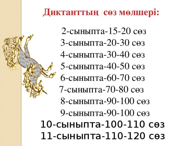 2-сыныпта-15-20 сөз  3-сыныпта-20-30 сөз  4-сыныпта-30-40 сөз  5-сыныпта-40-50 сөз  6-сыныпта-60-70 сөз  7-сыныпта-70-80 сөз  8-сыныпта-90-100 сөз  9-сыныпта-90-100 сөз  10-сыныпта-100-110 сөз  11-сыныпта-110-120 сөз Диктанттың сөз мөлшері: