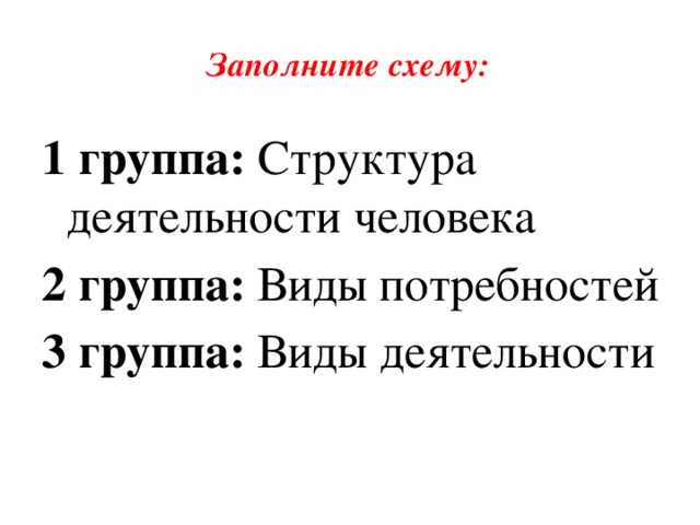 Заполните схему:   1 группа: Структура деятельности человека 2 группа: Виды потребностей 3 группа: Виды деятельности