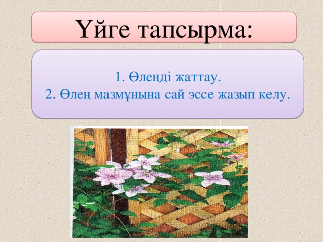 Үйге тапсырма: 1. Өлеңді жаттау. 2. Өлең мазмұнына сай эссе жазып келу.