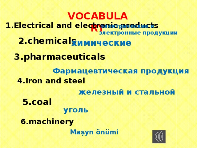 VOCABULARY 1.Electrical and electronic products  электрические и электронные продукции  2.chemicals химические 3.pharmaceuticals Фармацевтическая продукция 4.Iron and steel  железный и стальной 5.coal  уголь 6.machinery Maşyn önümi