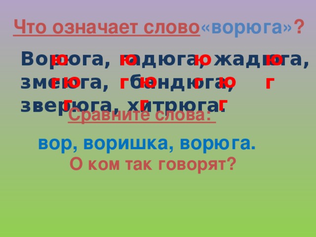 Что означает слово «ворюга» ?  Ворюга,  гадюга,  жадюга,  змеюга,    бандюга,  зверюга, хитрюга. юг юг юг юг юг юг юг Сравните слова: вор, воришка, ворюга. О ком так говорят?