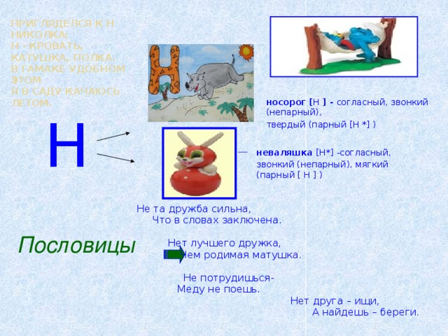 Пригляделся к Н Николка:  Н - кровать, катушка, полка.  В гамаке удобном этом  я в саду качаюсь летом. носорог [ Н ] - согласный, звонкий (непарный),  твердый (парный [Н *] )  Н неваляшка [Н*] -согласный, звонкий (непарный), мягкий (парный [ Н ] ) Не та дружба сильна,  Что в словах заключена.  Нет лучшего дружка,  Чем родимая матушка.  Не потрудишься-  Меду не поешь.  Нет друга – ищи,  А найдешь – береги. Пословицы