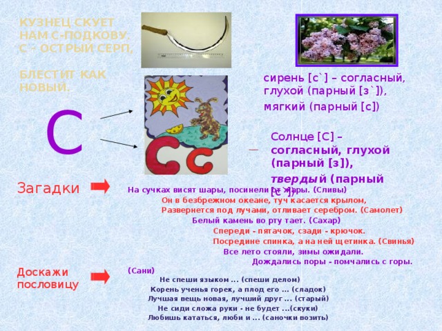 Кузнец скует нам С-подкову.  С – острый серп,  блестит как новый.   сирень [с`] – согласный, глухой (парный [з`]), мягкий (парный [с]) С Солнце [С] – согласный, глухой (парный [з]), тверды й (парный [с`]) Загадки На сучках висят шары, посинели от жары. (Сливы)  Он в безбрежном океане, туч касается крылом,  Развернется под лучами, отливает серебром. (Самолет)  Белый камень во рту тает. (Сахар)  Спереди - пятачок, сзади - крючок.  Посредине спинка, а на ней щетинка. (Свинья) Все лето стояли, зимы ожидали.  Дождались поры - помчались с горы. (Сани)  Доскажи пословицу  Не спеши языком ... (спеши делом) Корень ученья горек, а плод его ... (сладок) Лучшая вещь новая, лучший друг ... (старый) Не сиди сложа руки - не будет ...(скуки) Любишь кататься, люби и ... (саночки возить)