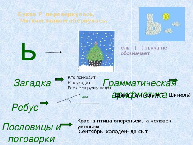 Буква Р перевернулась,  Мягким знаком обернулась.   ь ель – [ - ] звука не обозначает Кто приходит, Кто уходит- Все ее за ручку водят. Грамматическая Загадка арифметика Шина – а + ель = ? ( Шинель) ьки Ребус Красна птица опереньем, а человек уменьем. Пословицы и поговорки Сентябрь холоден- да сыт.