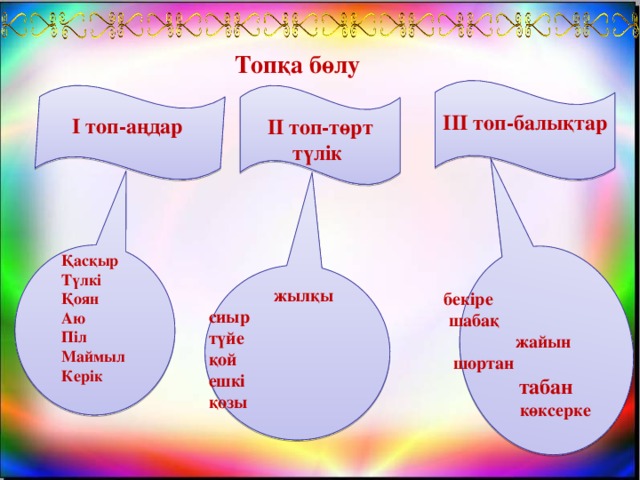 Топқа бөлу III топ-балықтар II топ-төрт түлік I топ-аңдар Қасқыр    Түлкі   Қоян   Аю    Піл   Маймыл    Керік   бекіре   шабақ  жайын   шортан  табан  көксерке  жылқы    сиыр  түйе  қой    ешкі  қозы