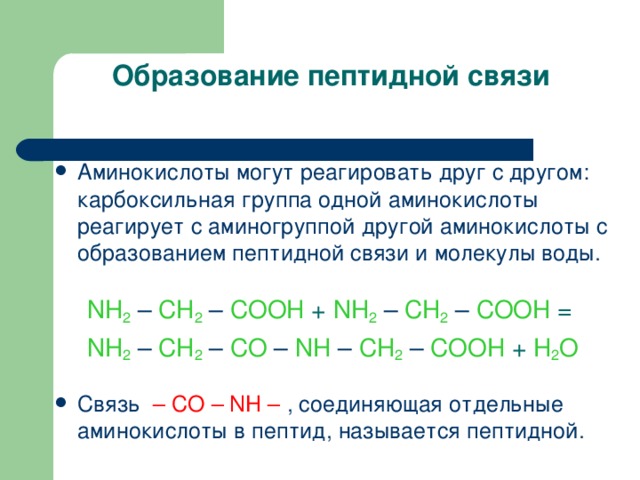 Образование пептидной связи   Аминокислоты могут реагировать друг с другом : карбоксильная группа одной аминокислоты реагирует с аминогруппой другой аминокислоты с образованием пептидной связи и молекулы воды. NH 2 – CH 2 – COOH  +  NH 2 – CH 2 – COOH  =  NH 2 – CH 2 – CO – NH – CH 2 – COOH  +  H 2 O