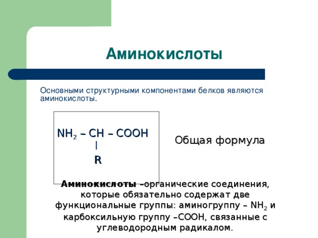 Основными структурными компонентами белков являются аминокислоты. NH 2 – CH – COOH  R Общая формула Аминокислоты –органические соединения, которые обязательно содержат две функциональные группы: аминогруппу – NH 2 и карбоксильную группу – COOH , связанные с углеводородным радикалом.