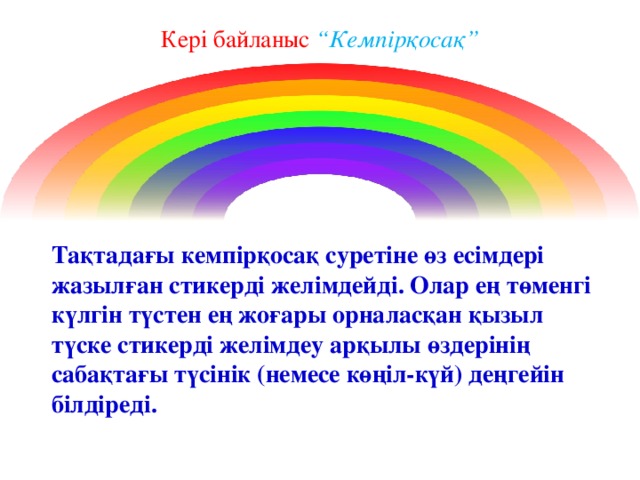 Кері байланыс “Кемпірқосақ” Тақтадағы кемпірқосақ суретіне өз есімдері жазылған стикерді желімдейді. Олар ең төменгі күлгін түстен ең жоғары орналасқан қызыл түске стикерді желімдеу арқылы өздерінің сабақтағы түсінік (немесе көңіл-күй) деңгейін білдіреді.