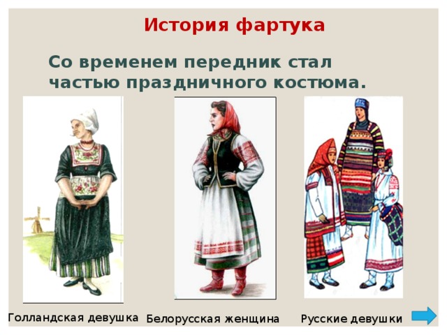 История фартука Со временем передник стал частью праздничного костюма.      Голландская девушка Белорусская женщина Русские девушки