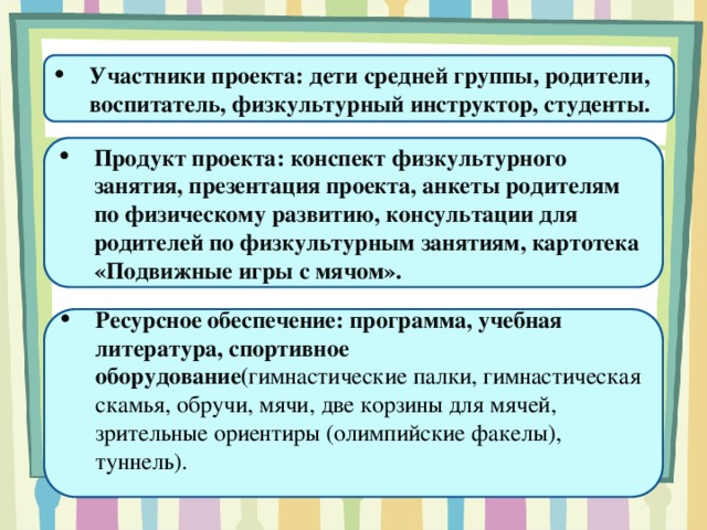 Участники проекта: дети средней группы, родители, воспитатель, физкультурный инструктор, студенты. Продукт проекта: конспект физкультурного занятия, презентация проекта, анкеты родителям по физическому развитию, консультации для родителей по физкультурным занятиям, картотека «Подвижные игры с мячом». Ресурсное обеспечение: программа, учебная литература, спортивное оборудование( гимнастические палки, гимнастическая скамья, обручи, мячи, две корзины для мячей, зрительные ориентиры (олимпийские факелы), туннель).