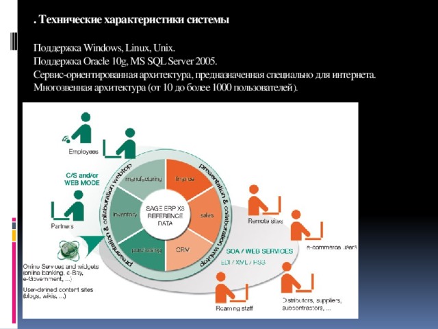 . Технические характеристики системы     Поддержка Windows, Linux, Unix.  Поддержка Oracle 10g, MS SQL Server 2005.  Сервис-ориентированная архитектура, предназначенная специально для интернета.  Многозвенная архитектура (от 10 до более 1000 пользователей ).