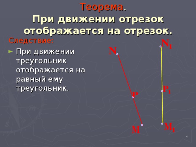 Теорема .  При движении отрезок отображается на отрезок. Следствие: При движении треугольник отображается на равный ему треугольник.