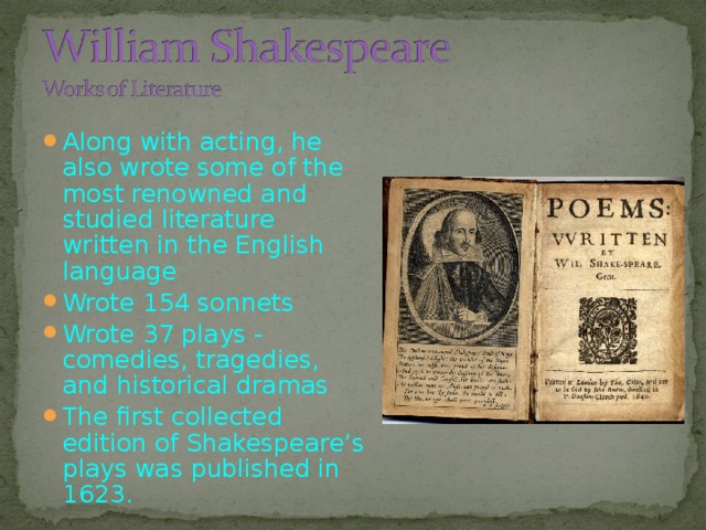 Along with acting, he also wrote some of the most renowned and studied literature written in the English language Wrote 154 sonnets Wrote 37 plays - comedies, tragedies, and historical dramas The first collected edition of Shakespeare’s plays was published in 1623.