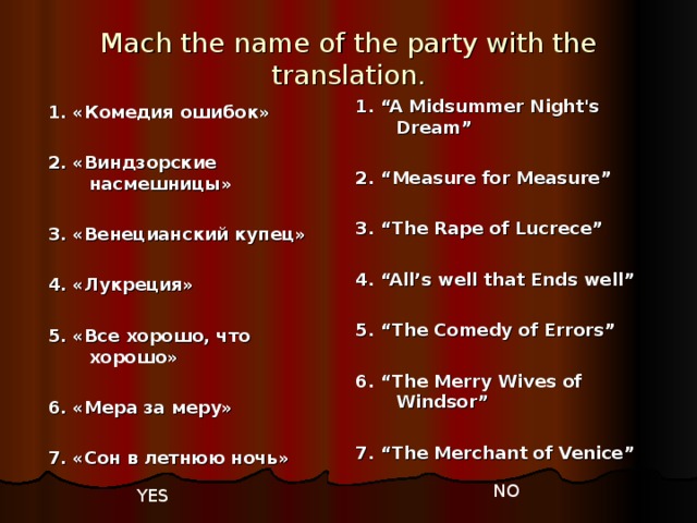 Mach the name of the party with the translation. 1. “A Midsummer Night's Dream”  2. “Measure for Measure”  3. “The Rape of Lucrece”  4. “All’s well that Ends well”  5. “The Comedy of Errors”  6. “The Merry Wives of Windsor”  7. “The Merchant of Venice”  1. «Комедия ошибок»  2. «Виндзорские насмешницы»  3. «Венецианский купец»  4. «Лукреция»  5. «Все хорошо, что хорошо»  6. «Мера за меру»  7. «Сон в летнюю ночь»  NO  YES