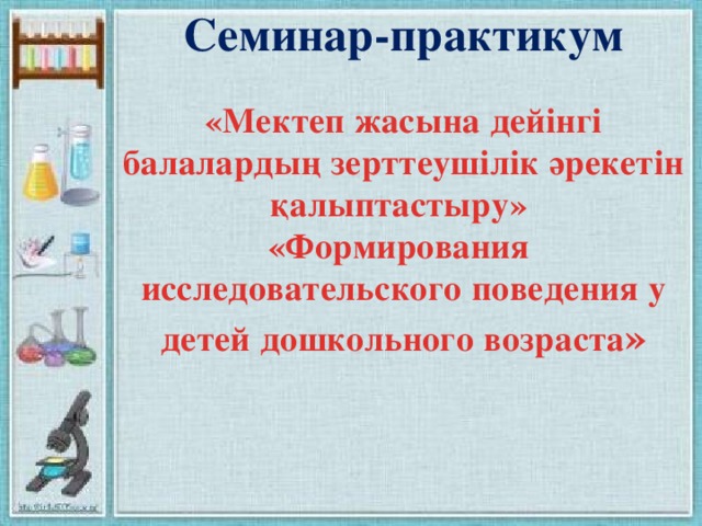 Семинар-практикум  «Мектеп жасына дейінгі балалардың зерттеушілік әрекетін қалыптастыру» «Формирования исследовательского поведения у детей дошкольного возраста »