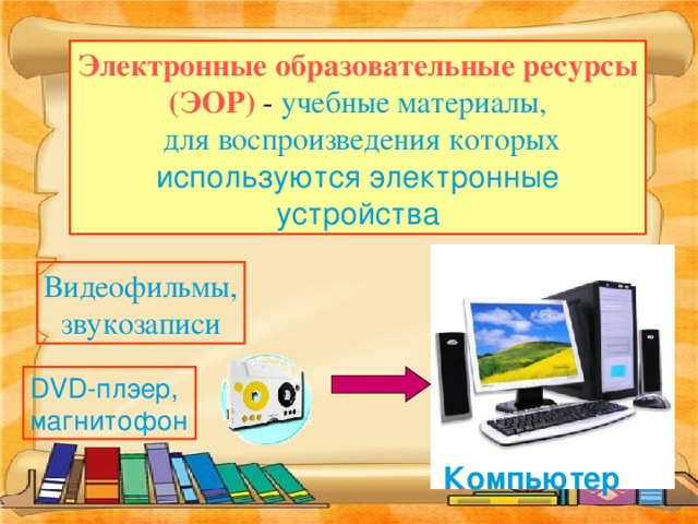Электронные образовательные ресурсы (ЭОР) - учебные материалы,  для воспроизведения которых используются электронные устройства Видеофильмы, звукозаписи DVD-плэер, магнитофон Компьютер