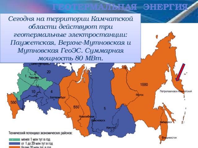 геотермальная Энергия Сегодня на территории Камчатской области действуют три геотермальные электростанции: Паужетская, Верхне-Мутновская и Мутновская ГеоЭС. Суммарная мощность 80 МВт.