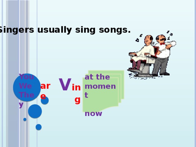 - Singers usually sing songs. at the moment  now You We They V ing are