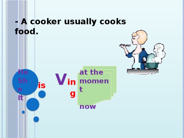 - A cooker usually cooks food. at the moment  now He She It V ing is